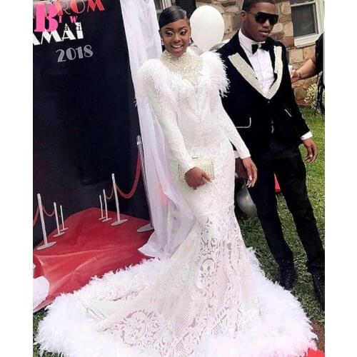 Beautifulinwhite Unique White Mermaid Prom Dresses 2019 Feather Lace Beadings High Neck Long Sleeves Formal Evening Gowns BP033