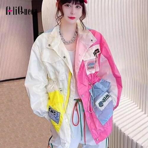 Korean Streetwear Women Summer Sun-protective Coats Female Loose Color Contrast Appliques Pockets Drawstring Jacket Outerwear