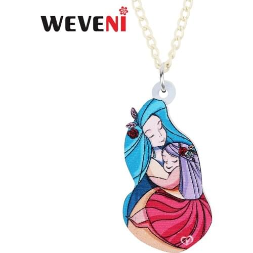 WEVENI Mothers Day Acrylic Cute Cartoon Dress Mom Daughter Necklace Pendant Fashion Chain Jewelry For Women Girls Charms Gifts