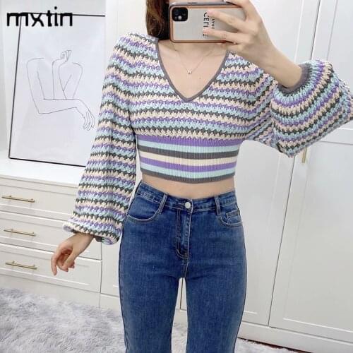 MXTIN 2021 Women Spring Vintage Stripe Cropped Knitted Pullover Sweater Fashion V Neck Long Sleeve Female Chic Casual Tops