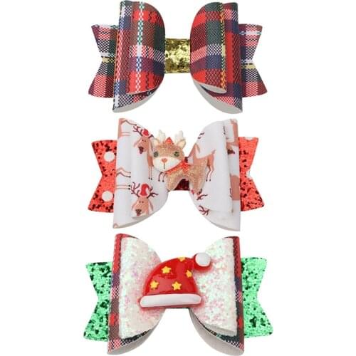 Ncmama 3" Leather Christmas Hair Bows For Girls Animal Hair Clips With Christmas Hat Hairpins Christmas Hair Accessories