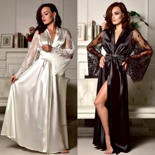 Women Sexy Robes Lingerie Satin Silk Floral Underwear Long Nightdress Nightgown Sleepwear Women Clothing