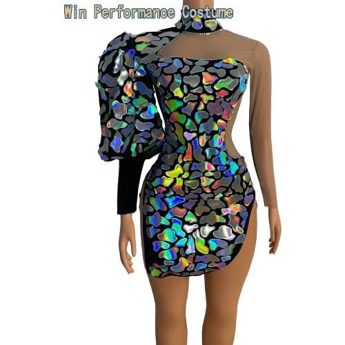 Personalized Cut One Shoulder Sequins Christmas Party Dress Fashion Sequins Decorated Psychedelic Club Mini Dress Sexy Dress