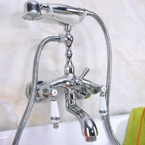 Polished Chrome Clawfoot Bathtub Faucet Set with Handheld Shower Dual Handles Mixer Taps Wall Mounted tna217