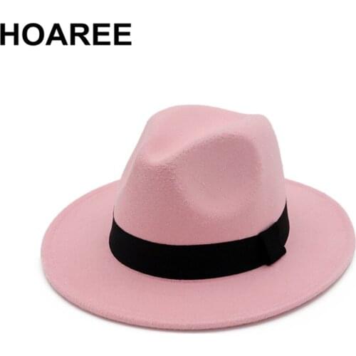HOAREE Pink Fedora Hat Vintage Panama Hat Women Wool Trilby Jazz Hat Ladies Wide Brim Chapeau Female Autumn Winter Felt Hat
