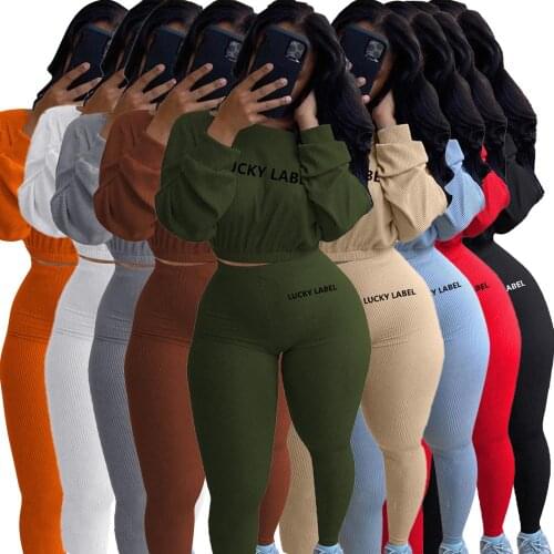 CM.YAYA Activewear Lucky Label Embroidery Ribbed Womens Set Sweater Tops Legging Pant Set Tracksuit Fitness Two Piece Outfits