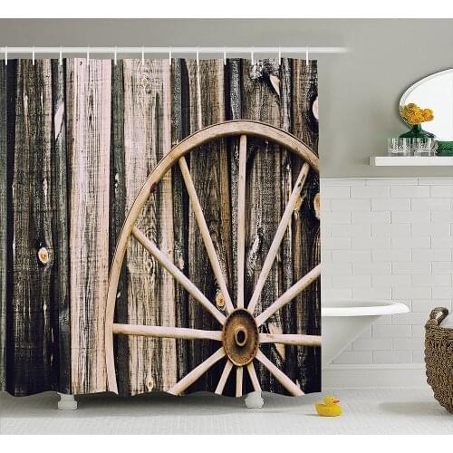 Barn Wood Wagon Wheel Shower Curtain Wooden Barn Door and Vintage Rusty Wheel Rustic Home Farm Waterproof Bath Curtains