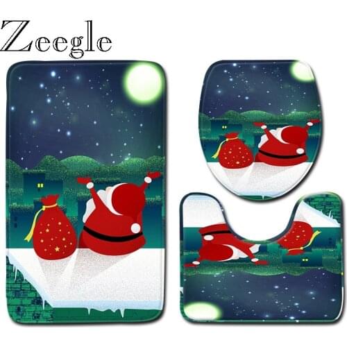 Zeegle Merry Christmas 3pcs Bath Mat Set Bathroom Decoration Foot Rug Non-slip Toilet Lid Cover Mat Anti-slip Polyester Rug
