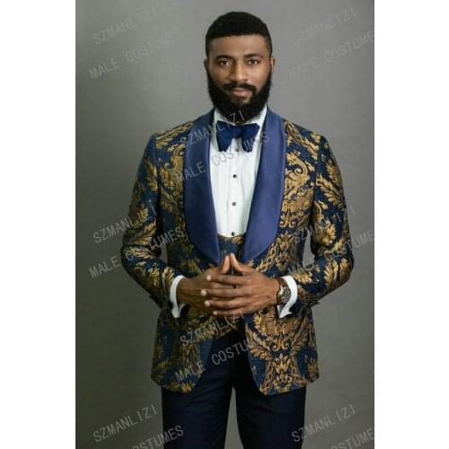 Navy Blue Gold Floral Jacquard Prom Dress Wedding Suits For Men 3 Piece Slim fit Groom Tuxedo 2020 Fashion Costume Best Man Suit