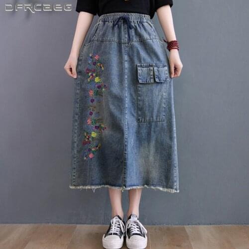 Streetwear Vintage Embroidery Denim Long Skirts Women Summer 2021 Elastic Waist Casual Loose Retro Jeans A-Line Skirt Female