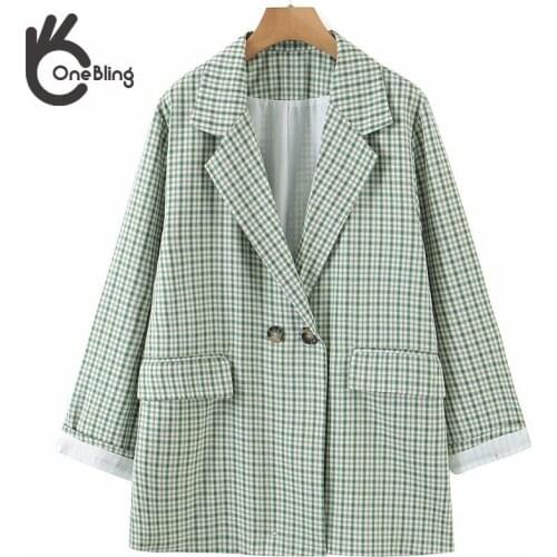 OneBling Za 2021 Summer Autumn Wrist Sleeve Double Breasted Women Casual Checked Blazers Green Plaid Loose Jacket Female Coats