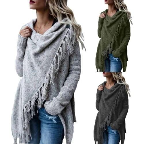 Ele-choices Autumn Winter Women Solid Color Irregular Cowl Long Sleeve Tassels Knitted Sweater Cardigan For Lady