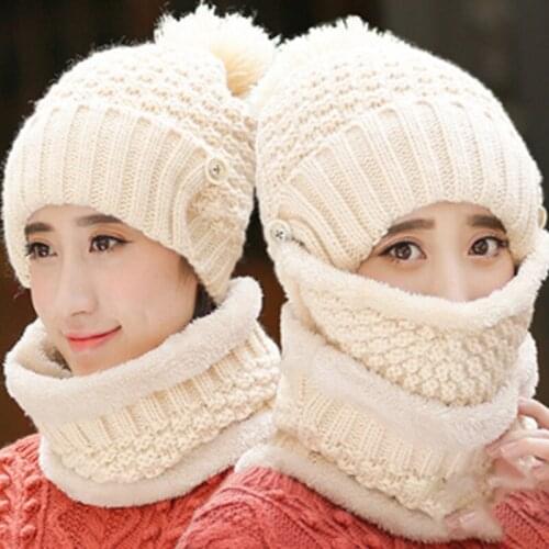 Winter Outdoor Cycling 3 Pcs/set Woolen Hats With Breathing Mask 2in1 Knitted Cap Girl Pompoms Hat Warm Plush Lined Neck Scarf