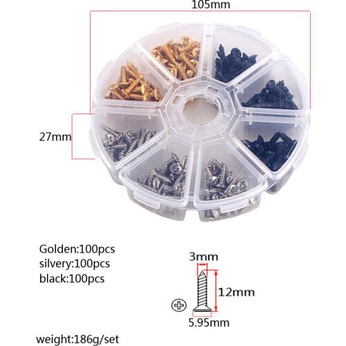 300pcs Bass Guitar Pickguard Screws,Cavity Cover Jack Cover Plate screw For Electric Guitar Bass 3*12mm Chrome / Gold / Black