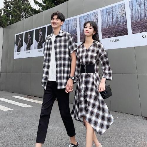 3003# couples summer clothing temperament waist back to show thin grid couples clothes couples clothing