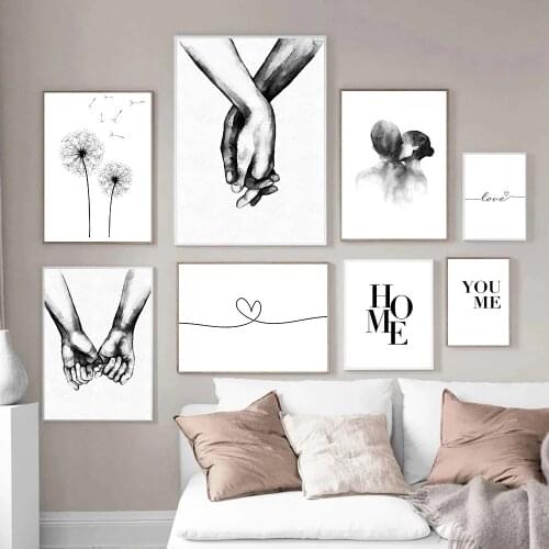 Abstract Hand In Hand Poster Couple Sweet Kiss Print Painting Love Quotes Canvas Posters Black White Wall Art Picture Home Decor