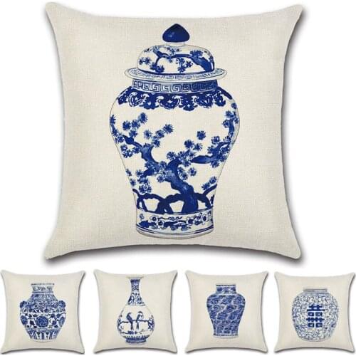 Chinese Decor Style Blue And White Porcelain China Pattern Throw Pillow Case Sofa Room Chair Car Decorative Cushion Cover 45x45