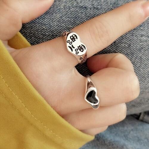 2021 New Vintage Black Heart Sad Face Tibetan Silver Open Adjustable Metal Finger Rings for Women Girls Party Jewelry