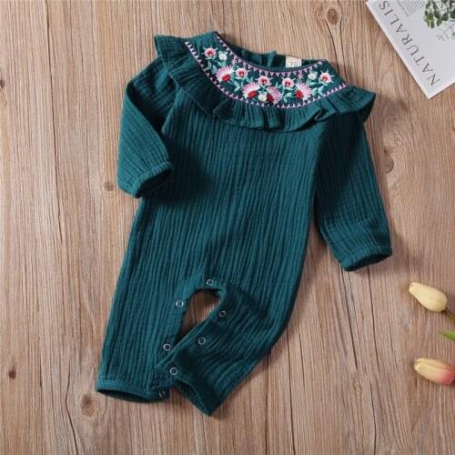 Newborn Kids Baby Girls Clothes Flower Embroidery print Ruffle cotton Romper round neck long sleeve Toddler Jumpsuit one pieces