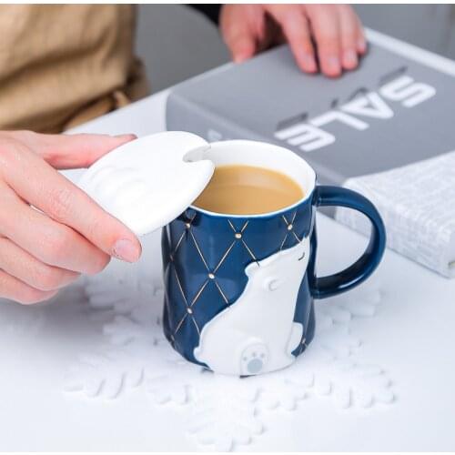 Creative cartoon polar bear ceramic cup water cup Office Mug coffee cup with cover couple gift eco friendly