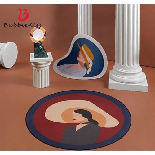 Bubble Kiss Nordic Style Round Carpets for Home Living Room Crystal Velvet Art Woman Pattern Bedroom Rug Non-slip Balcony Mats