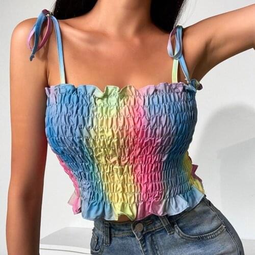 Summer Women Trim Vest Tie dye Print Adjustable Shoulder Strap Colorful Sling Pleated Sexy Skinny Corset Top Female Vest