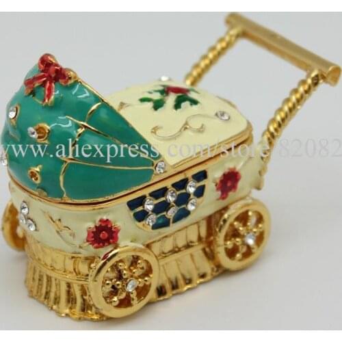 Small Baby Carriage Stroller Decorative Rhinestones Hinged Jewelry Box Vintage Metal Baby Carriage Trinket Box