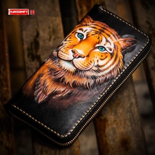 2019 Retro Genuine leather Mens wallet tiger long zipper clutch bag engraving male wallets wealth cloth card holder coin purses