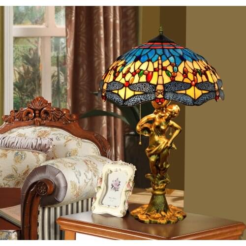 Mediterranean Blue Dragonfly retro decorative table lamp Tiffany bar dining room bedroom bedside reading tables lamps