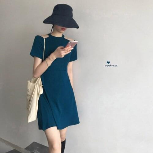 Summer Korean Style 2020 New Chic Dress Strapless Hollow Hanging Neck Stretch Slim Slimming Short-sleeved Dress Female