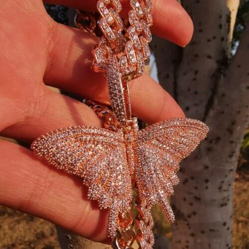 AAA+ Pink Cubic Zirconia Paved Bling Ice Out Rose Gold Butterfly Pendants Necklaces for Men Women Hip Hop Rapper Jewelry