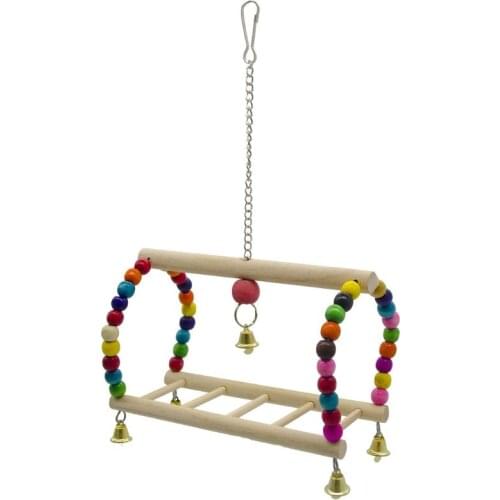 Bird Parrot Toy Hanging Bird Swing Perch Wooden Parrot Climbing Ladder Bird Cage Chew Bell Toy with Colorful Beads