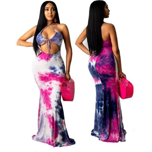 Sexy Bodycon Summer Dress Tie Dye Halter Maxi Dress Streetwear Bandage Party Dress Plus Size