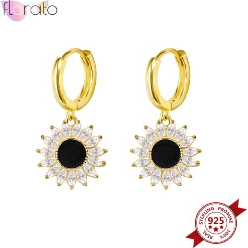 925 Sterling Silver Ear Buckle Sunflower Hanging Hoop Earrings for Women Gold Color Shiny Crystal Huggie Earrings Jewelry