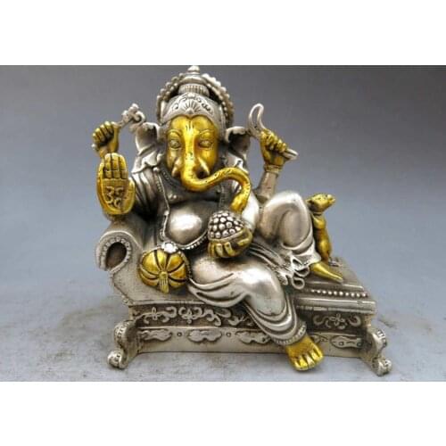 Tibet silver gild handwork carved beautiful Elephant Trunk buddha Statue