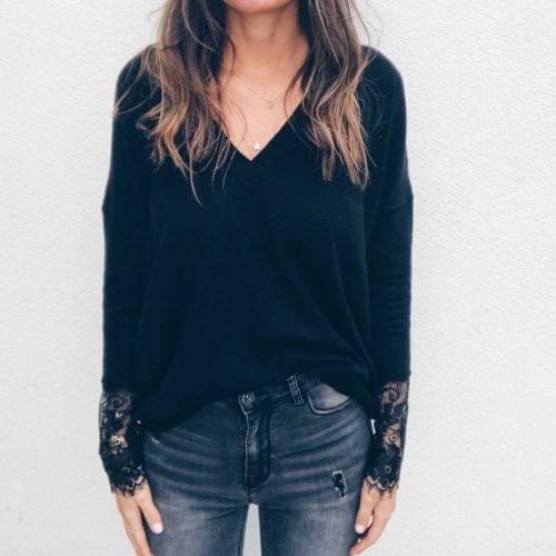 Women Blouse Casual Solid Black V-neck Tops Ladies Long Sleeve Shirt Hollow out Lace Blouse One Piece