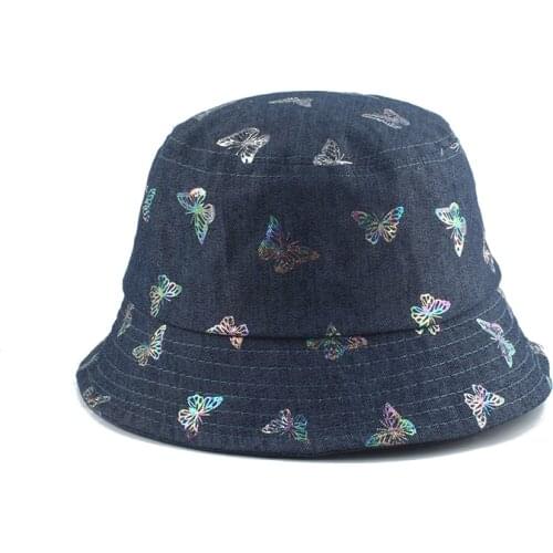 New Fashion Vintage Butterfly Print Fisherman Hat For Women Denim Cotton Bucket Hat Bob Hip Hop Cap Panama Sun Hats