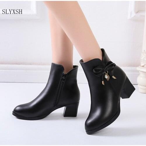 Women Boots Black Leather Ankle Boots For Women Bow High Heel Boots Autumn Female Shoes Size 35-41 Botas Mujer Red wine