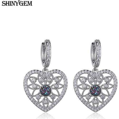 ShinyGem Elegant Silver Color Hollow Flower Love Heart Drop Earrings Paved Zircon Romantic Druzy Crystal Drop Earrings For Women