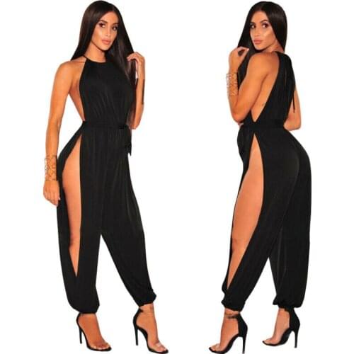 Women Sleeveless Solid Color Side High Slit Casual Club Party Evening Jumpsuit