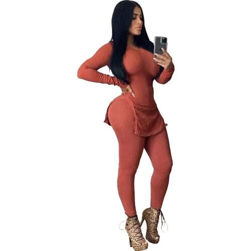 Lounge Wear Knit Rib Two Piece Set Women Outfits Elegant Long Sleeve Slit Shirt Top + Leggings Bodycon Tracksuit Women 3XL