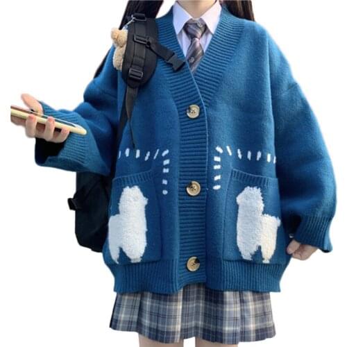 Autumn Winter Women JK Style Knitted Sweater V Neck Flocking Alpaca Cardigans Plus Pocket Sweaters Warm Knitwear Sueter Mujer