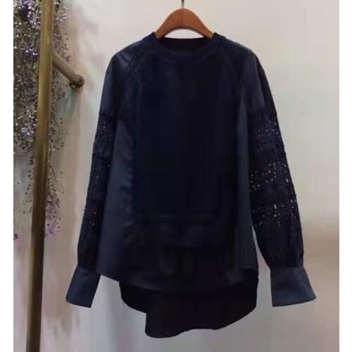 High Quality Sweatshirts 2021 Autumn Style Women Hollow Out Embroidery Knitting Patchwork Long Sleeve Casual Blue Sweatshirt