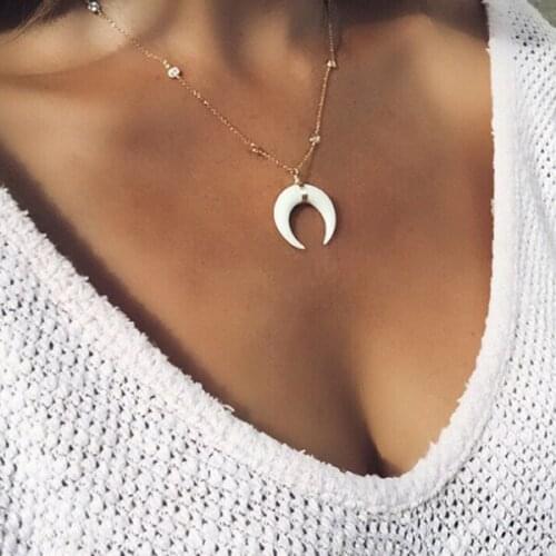 Gold silver plated White Horn Necklace Crescent Moon Pendant Necklace Bohemia Ethnic Crystal Wire Necklace Choker For Women