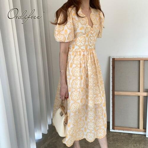 Ordifree 2021 Summer Vintage Women Floral Embroidery Dress Short Sleeve Hollow Out Yellow Tunic Party Midi Dress