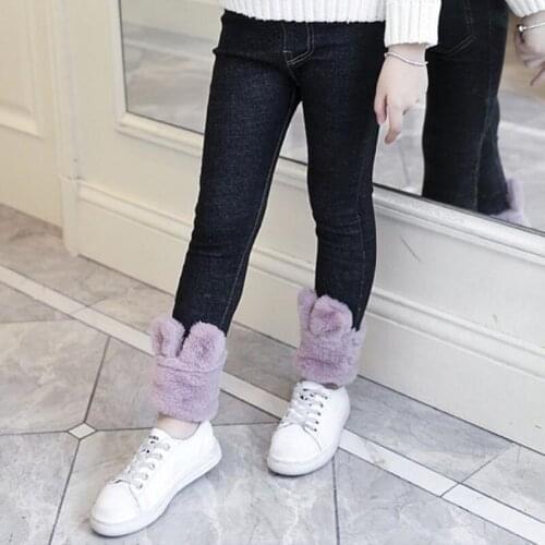Winter Clothing Girls Pants Skinny Jeans Plush Warmth Pants Elastic Denim Fur Leggings Girls Pencil Pants Baby Childs Trousers