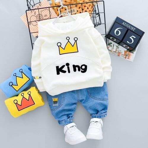 ZWF292 New Kid Boy Casual Hooded Clothing Set Outfit 2-8 Years Cute Cartoon Letter Print T-Shirt and Jeans Kids Boy Costume