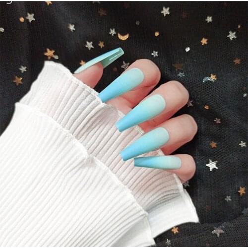 24pcs/Set Long Matte Fake Nails Pre-design Square Blue Gradient Ballerina Nail Decoration Art Tips Manicure Tools with Glue