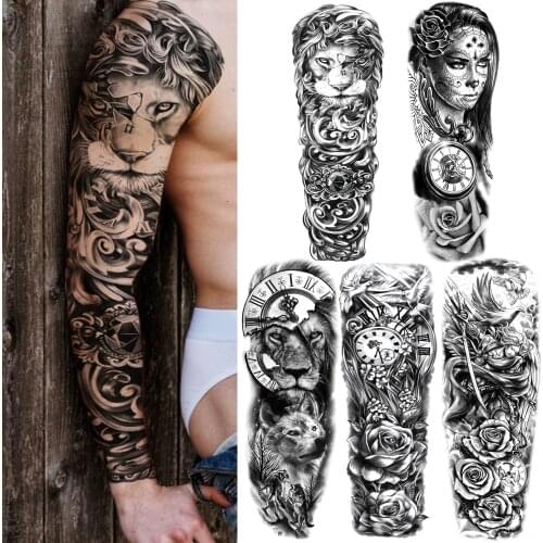 3D Lion Temporary Tattoo Sleeve For Men Women Adult Compass Fake Flower Tattoos Sticker Black Warrior Rose Tatoos Arm Supplies