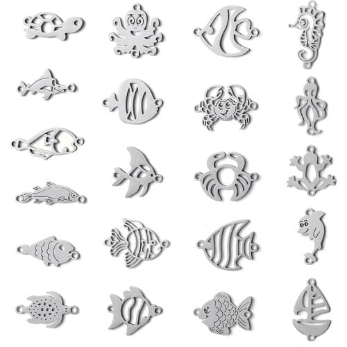 Sea Life Ocean Stainless Steel Connectors Jewelry Component Tropical Fish Crab Squid Frog Seahorse Sailboat Findings 5pcs lot